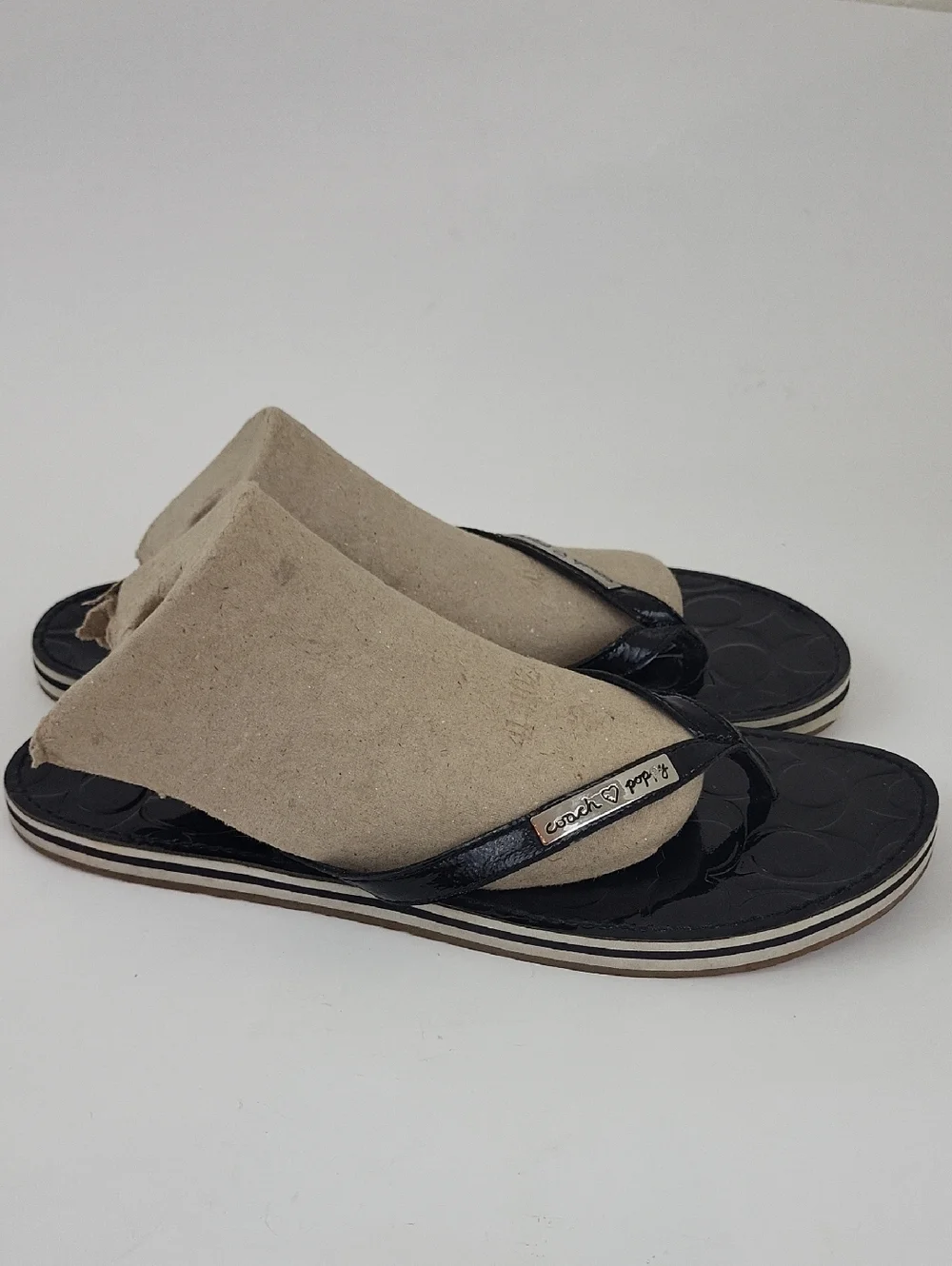 Coach Poppy Wilma Black Patent Leather Thong Flip Flops Size 11 B